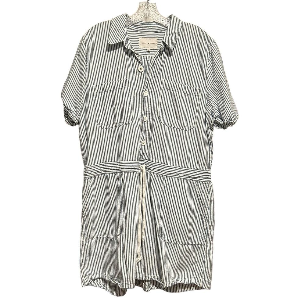 LUCKY BRAND Romper XL Striped Cotton Linen Button Down Pockets Short Sleeves